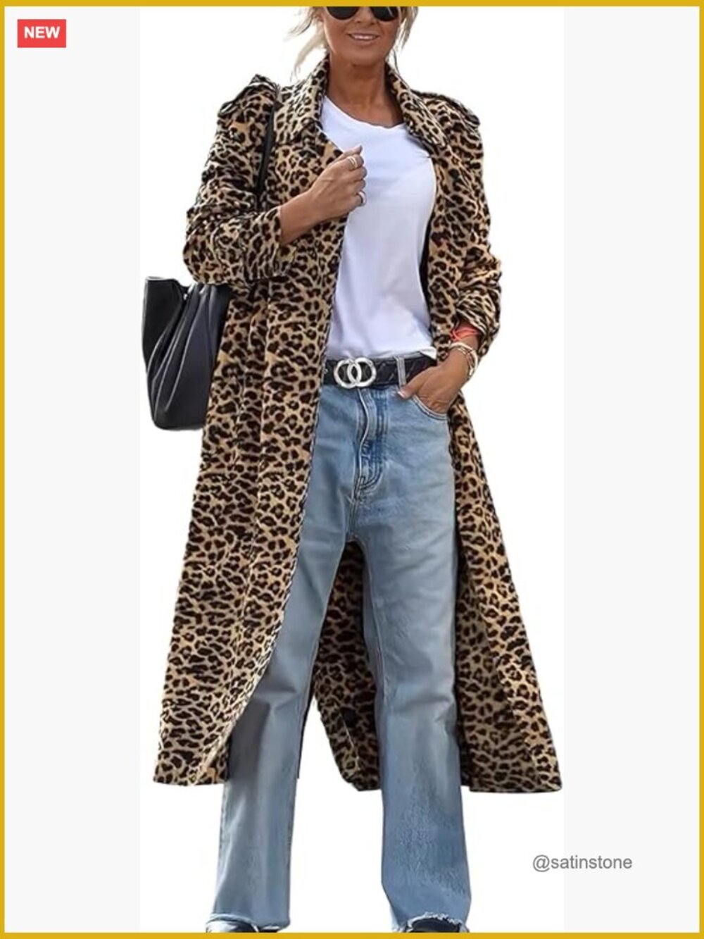 Faux Suede Notch Lapel Leopard Print Duster Trench Coat Loose Pea Coat - Picture 1 of 7